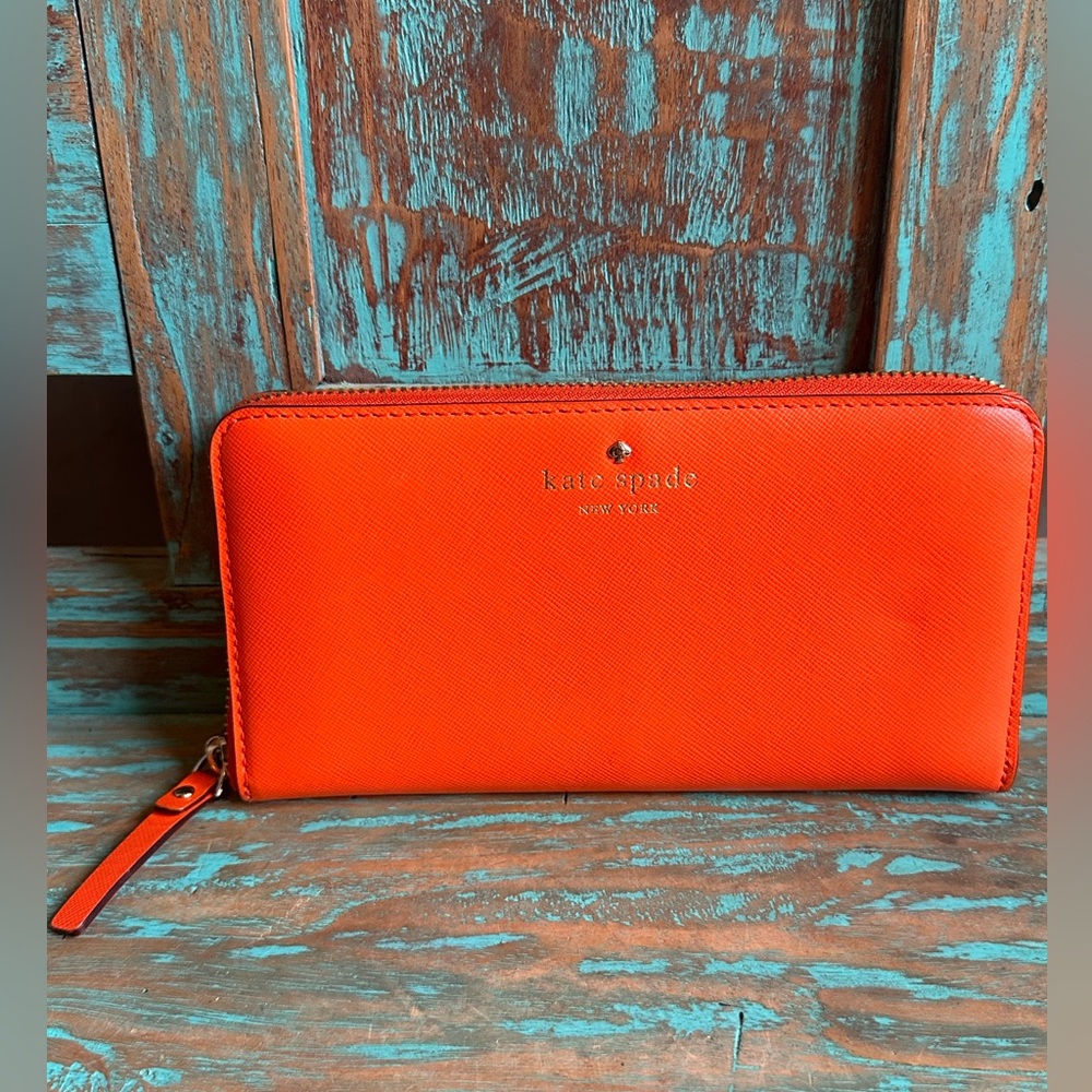 Kate Spade Bright Orange Saffiano Leather Zippy Long Continental Wallet